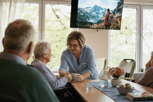 Pflegekraft betreut eine Seniorin